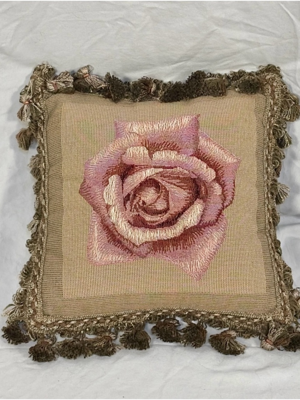 Vintage Petit Point Rose Pillow 9” Beige Velvet Back Tassel Trim Romantic